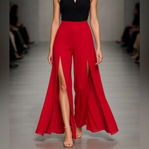COMO ELEGANT RED WOMENS FLOWY PANTS WITH FRONT SLITS